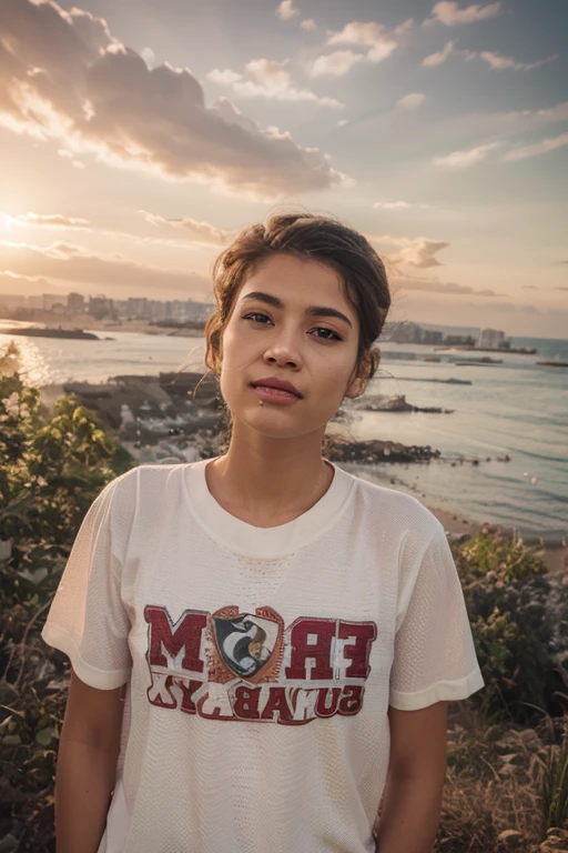 Hombre de piel canera con barba, mujer blanco con cabello negro largo, tomados de la mano , con polos con iniciales "A" y "S" , se encuentran en el ocaso del atardecer en la playa 