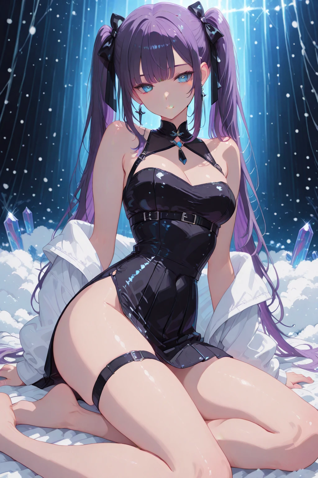 ((Detailed beautiful eyes)),Best Quality,4k,8K,High resolution,Textured Skin,KHD,Best Quality,Lilac gradient hair,Asymmetrical Hair,（（my hair is very thick 1.8，The outline of the hair is clear1.6））， Hair that falls over the shoulders, Messy Hair, Very long hair, Shiny Hair，purple(Short black hair:1.2),Beautiful girls，（Long legs，Long legs，Perfect leg shape），whole body、I&#39;m cooking、Frying pan((Student Uniform、Long sleeve、Roll up your sleeves、White clothes、Big Breasts、))、