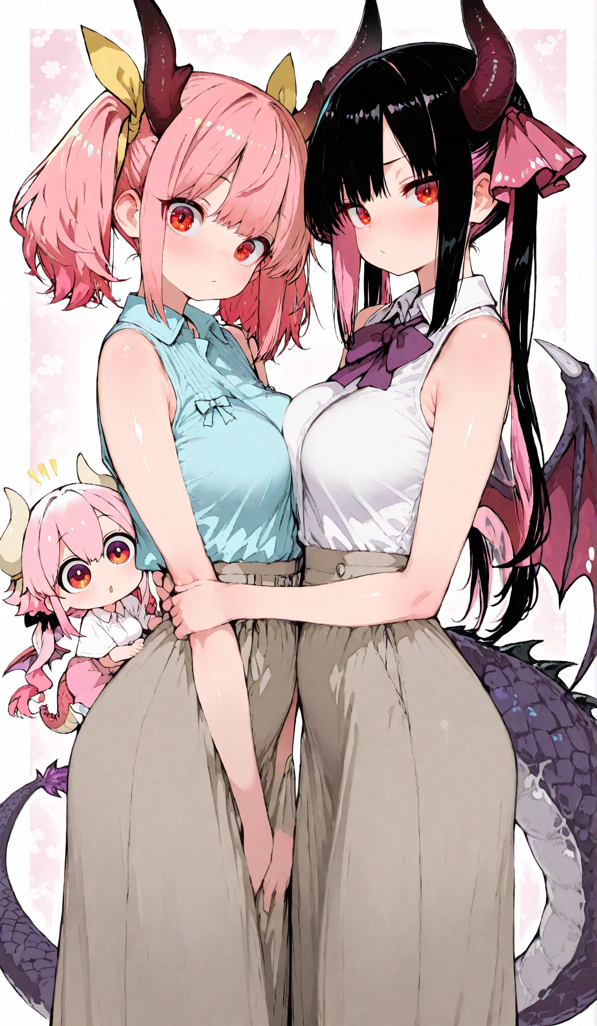 score_9, score_8_up, score_7_up, source_anime,
duo, gynomorph/femail, dominant gynomorph,humanoid/human, human on anthro,
interspecies, big dom small sub, height difference, age difference,gynomorph penetrating, vagina penetration, from behind position, standing, huge penis, erection,
futanari, (blue skin:1.3) horn, Large bat-like wings, Spade Tail, Succubus, devil, seducer, (Large Breasts:1.3) Wide Hips, red gown, mature, larger female, muscular female, giant, white hair, very long hair, voluminous hair, yellow eyes, black tank top, midriff, bottomless female,
girly, white skin, , smaller female, pink hair, long hair, twin drills, dress, short sleeves, white shirt, bottomless female,
bed