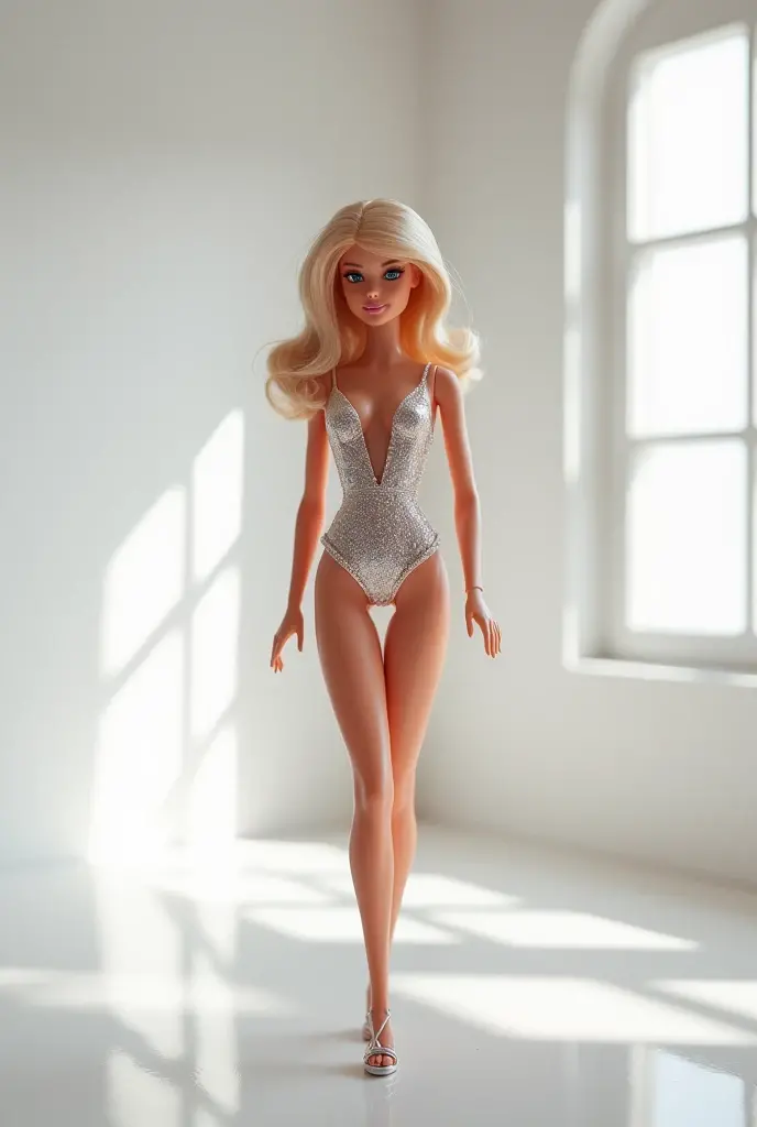 TabletopRay, tabletop miniature of a naked barbie, glass table