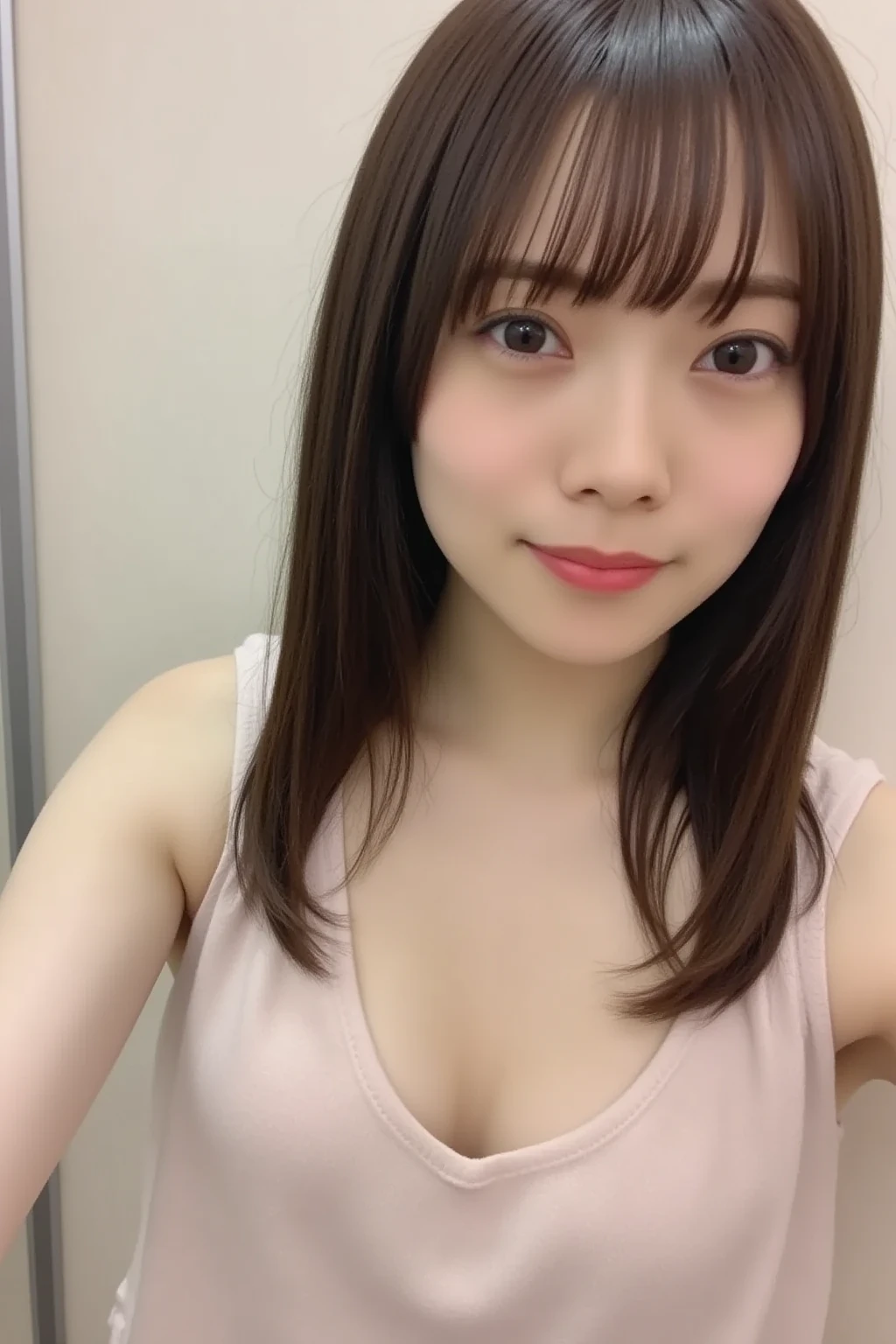 (Realistic、Photorealistic)、(wallpaper)、、One Girl、alone、23 years old、(Perfect Eyes)、Perfect hands、Perfect Proportions、Highly detailed face、Highly detailed skins、Very white skin、( Cleavage)、(Selfie style)、背景白のwallpaper