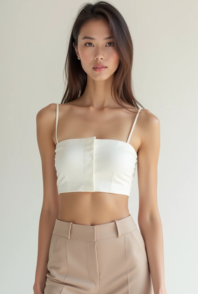 masterpiece, best quality, solo, 1girl, luminous skin, hoop earrings, glamorous, whimsical details, slicked hair, mesmerizing, bare shoulder, crop top, long pants, shallow depth of field, contrapposto, professional model, face front, portrait
