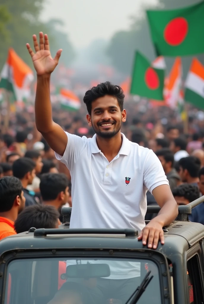 A real 20 years old boy, Wearing Imama and white beautiful kurta and the name "Mohd.Anas" is written on his kurta and the boy is standing on the road with holding a national flag of India, and behind him is the India gate Delhi. And "Happy Independence Day 2024" written at above sky Create Realistic image high quality.