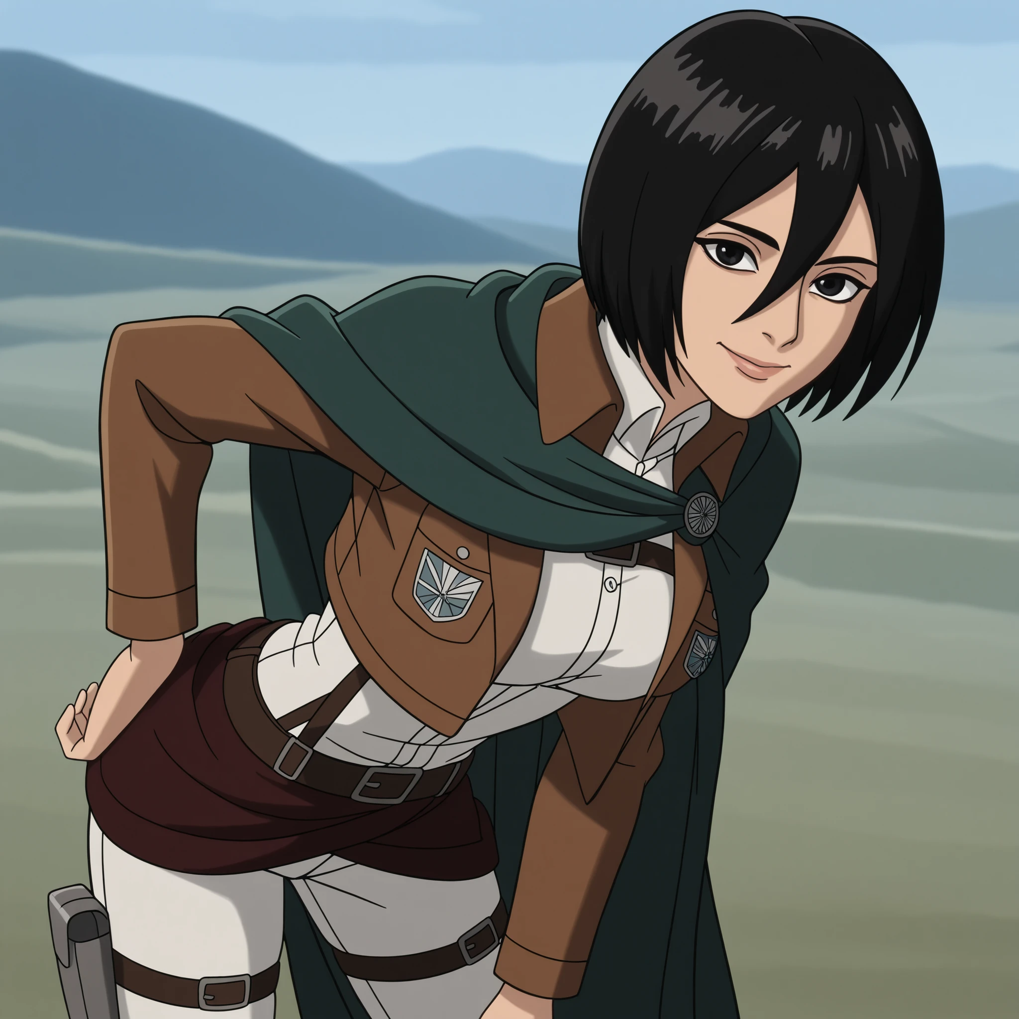 DisneyClassics disney score_9, score_8_up, score_7_up, source_anime, <lora:mikasa-ackerman-s1-ponyxl-lora-nochekaiser:1>, mikasa ackerman, black hair, black eyes, short hair, hair between eyes, mature female, medium breasts,, <lora:paradis-military-uniform-ponyxl-lora-nochekaiser:1>, paradis military uniform, belt, cloack, cropped jacket, emblem, green cloak, jacket, long sleeves, pants, shirt, thigh strap, uniform, white pants, white shirt, brown jacket,, landscape, bent over, smile, looking at viewer, solo,, cowboy shot, dutch angle