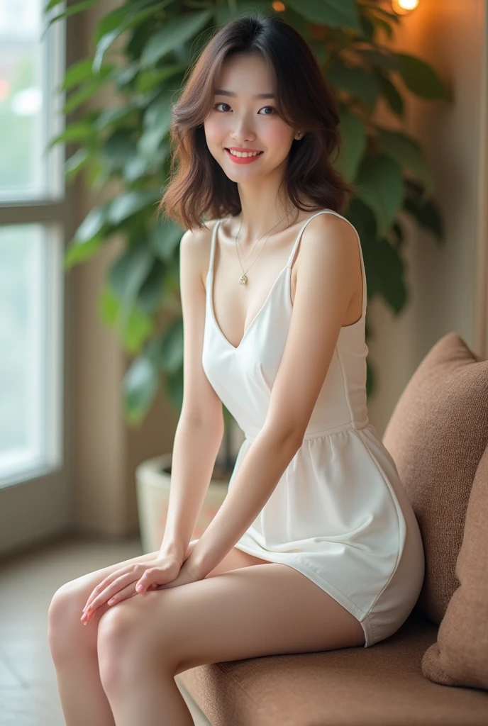 8K, Ultra-high resolution, Highest quality, masterpiece, 三分割法によるphotograph,Surreal, photograph, 1 Girl, (16 years old:1.3), pretty girl, Cute face, Beautiful eyes in every detail, 細かくdetailedに,masterpiece,, One Girl:1.2, Japan Female Announcer,whole body,Young Wife,Leaning against the window, Nice views, Standing by the window, Pressed hard against the window, Stand on top of a skyscraper, Near the window, With your back to the window, Nice views ,Side view, White lace see-through underwear,A carefree smile,Heal the heart,Black Hair,Short Bob,Looking at the audience、beauty,Long neck、Laugh a little、Please close your mouth and laugh、(((Ideal body type))),A cup small breasts :2,、Portraiture:2、Perfect Anatomy、鮮明なdetailed、detailed、Surreal、Light and shadow,Strong light