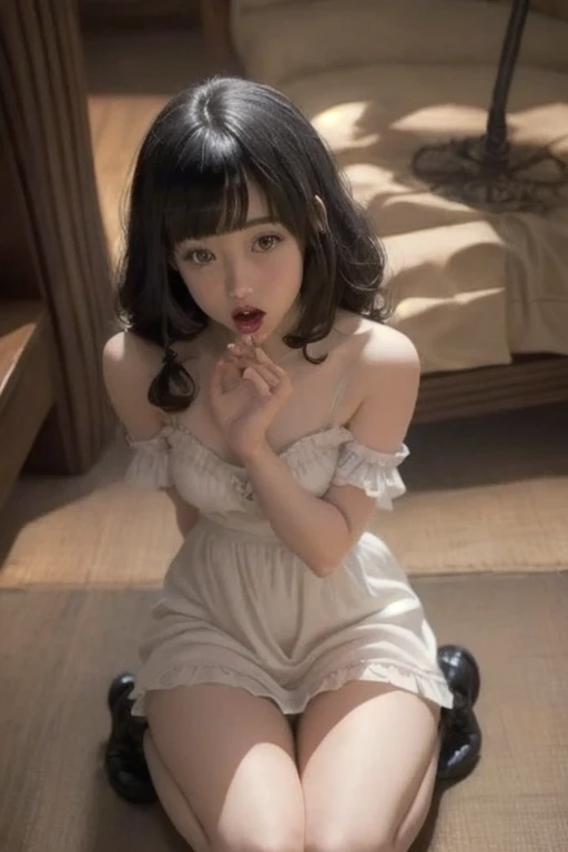 mini casual dress,(open mouth:1.5),(tongue out:2),lying,finger to chin,overhead shot,front view,face focus,(1girl,Beautiful 14 year old girl,teenager),((Slender,Small breasts,Small face,)),(looking at viewer),Black Hair,bangs,one side up,Beautiful and detailed,(Dimly lit room:1.5),White bed,pillow,Mischievous smile
