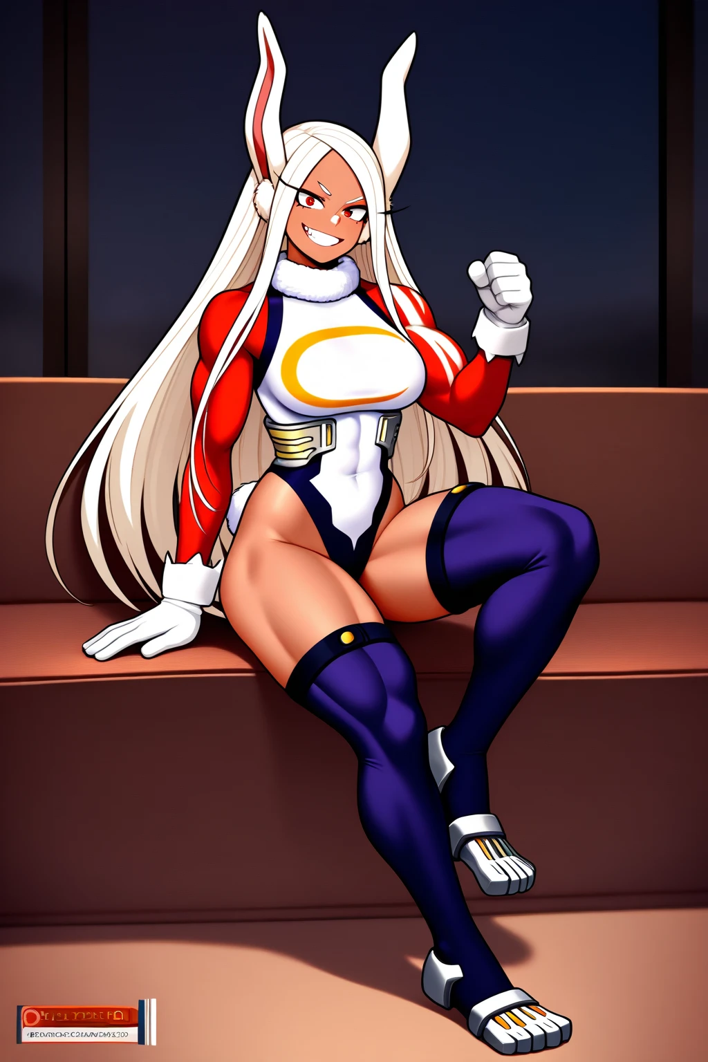 scan, (extremely detailed CG unity 8k wallpaper:1.1), highres, ambient light, (1girl), mirkomha, boku no hero academia, rabbit ears, ((dark-skinned female)), ((dark skin)), red eyes, sleeveless, white gloves, highleg leotard, (white hair, long hair), large breasts, fur collar, purple thighhighs, white leotard, city, night, looking at viewer, smirk