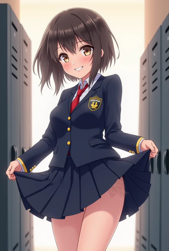 masterpiece, Highest quality, High resolution, MyMiku, short hair, teeth, , Red Bow, Collared shirt, Blue jacket, blazer, Long sleeve, Pleated skirt, Grey Skirt, Black knee socks, Cowboy Shot, anger, Are standing, locker room,Shirt open,Skirt flip,Panties in full view,Sweat
