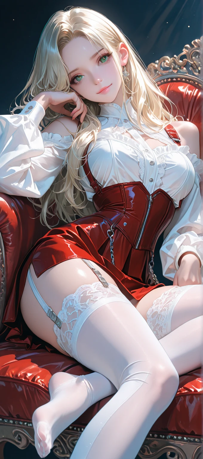 ((Highly detailed white lace panties)), Extremely detailed image quality,masterpiece,Highest quality,Official Art,Highly detailed CG Unity 8k wallpaper,A shy smile,Sexy Mini Dress, Long Hair,Black high heels,Black Stockings,Spread your legs, Sleep on your back on a luxurious bed, Looking at the camera, From above,