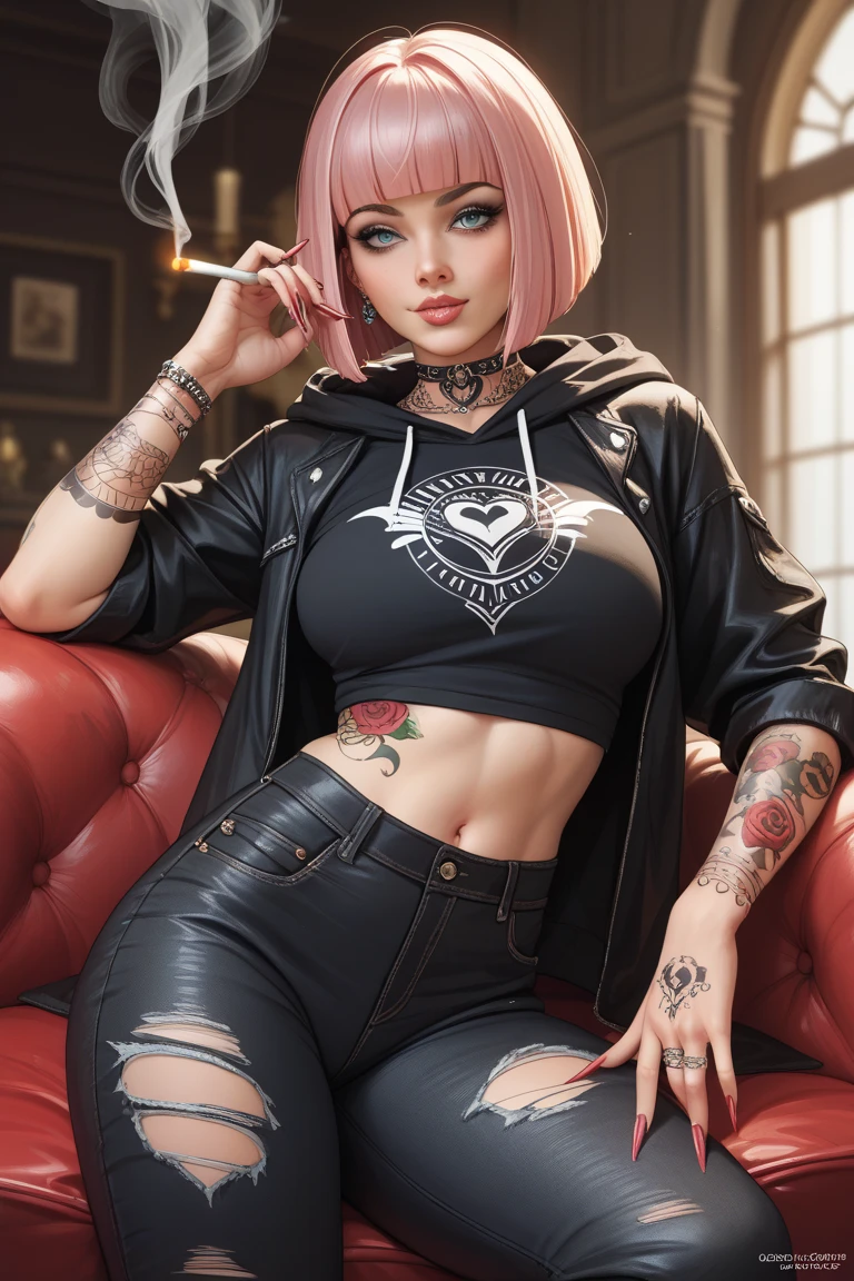 <lora:Dusty:0.5>, xyzdusty, (realistic:1.3), 1girl, looking_at_viewer, short_hair, pink, red_eyes, hat, jewelry, choker, black bikini, solo, tattoo, spikes, collar, neck tattoo, piercings, pearl necklace, big pearls, octane render, cgi, 3d, pinstripe jacket