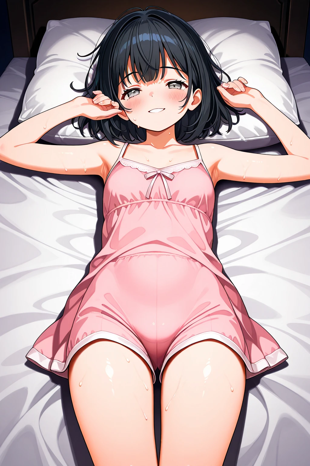 Beautiful illustration、top-quality、cute girl ed room、Black hair、(((pink skirt)))、((Pink Swimsuit))、、Small、a navel、Turn up your skirt、Show white panties、Please lift up your skirt and show me your panties.、Black eyes、on the beds、lovely thighs、glowing thigh，embarrassed from，condoms，Red ribbons，White pants，Shiny，White sweat，Sweat on the face，Drooling in the mouth，shining face，Opening Mouth，Show your