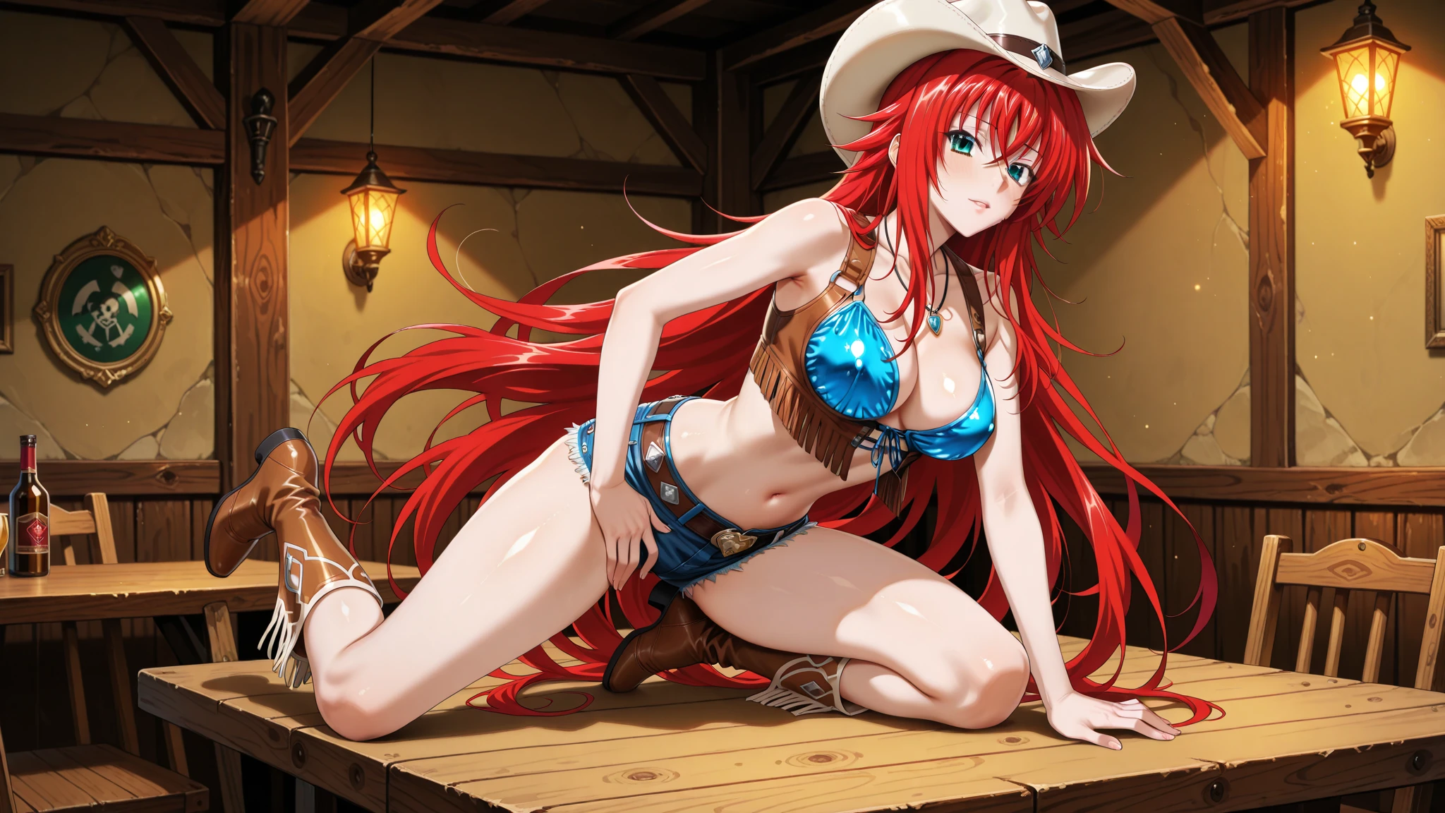 masterpiece, best quality, highres, fairy tail, 1girl, long hair, red hair, brown eyes, neck ribbon, bare shoulders, lingerie,((lingerie)), hair over one eye, cowboy shot, standing,indoors,cafe