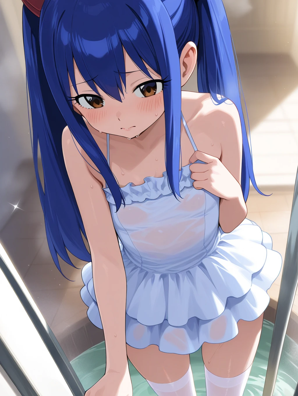 little girl , blue hair, black eyes, green dress, light green skirt, light blue underwear, raising her skirt.