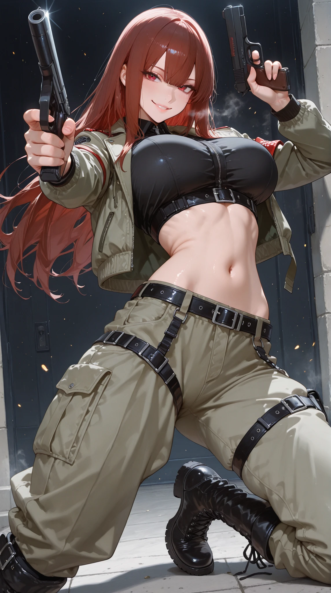 score_9, score_8_up, score_7_up, score_6_up, makise kurisu, red hair, long hair, dark-blue eyes, black pupils, BREAK (masterpiece:1.2), best quality, high resolution, (beautiful detailed eyes:1.3), perfect lighting, (perfect hands, perfect anatomy), 1girl, camouflage pants, dog tags, camouflage, crop top, tank top, breasts, solo, pants, yellow tank top, gloves, clenched hand, triangle earrings, bare shoulders, navel, earrings, midriff, jewelry, abs, belt, fighting stance, large breasts, pouch, cleavage, sleeveless, ammunition pouch, biceps, toned, cargo pants, military, closed mouth, black gloves, collarbone
