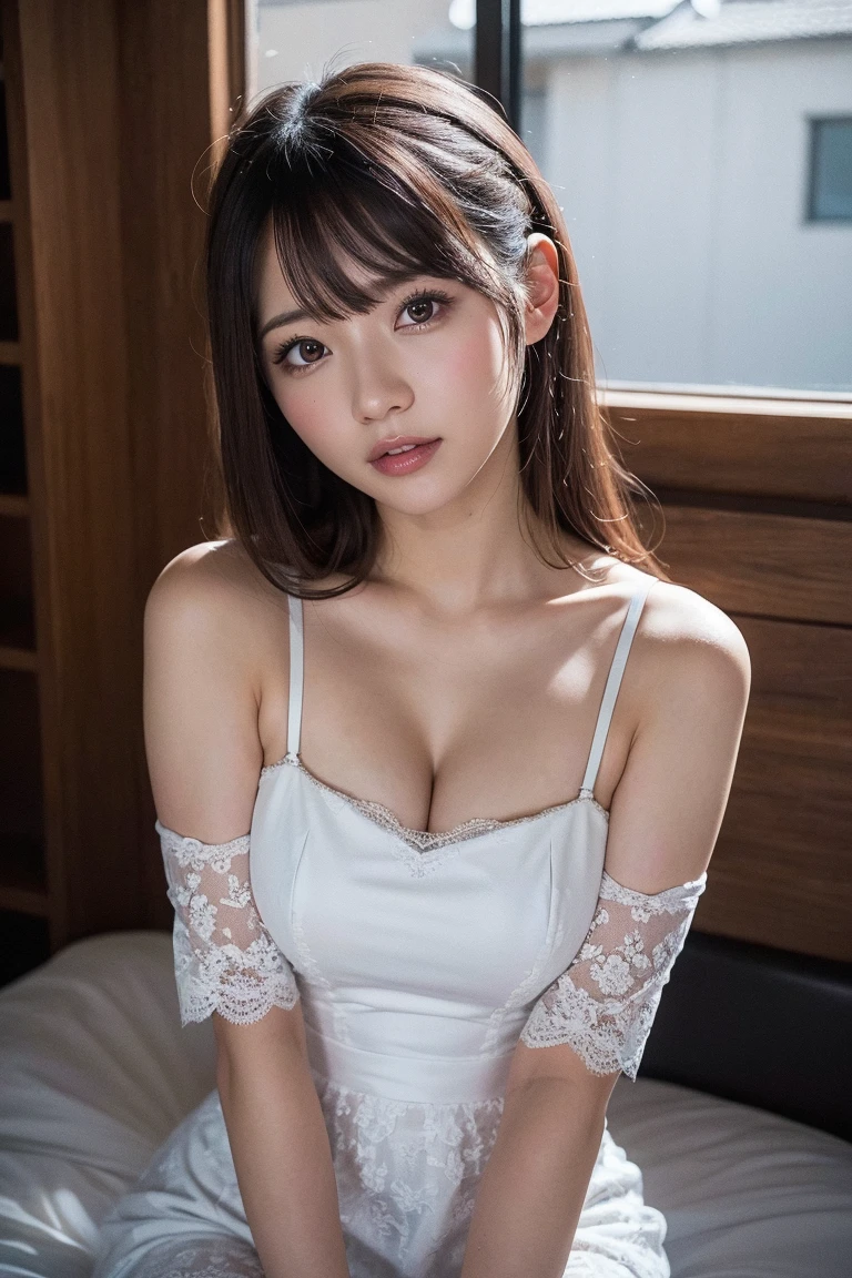 downbrouse、(weddingdress:1.2)、(realisitic、Photorealsitic、ultra-detailliert、Highest Details Skins、top-quality、masterpiece、超A high resolution)、Realistic skin type、japanes、24 year old、Very pretty girl、beautiful a girl、short-cut、Shot from above