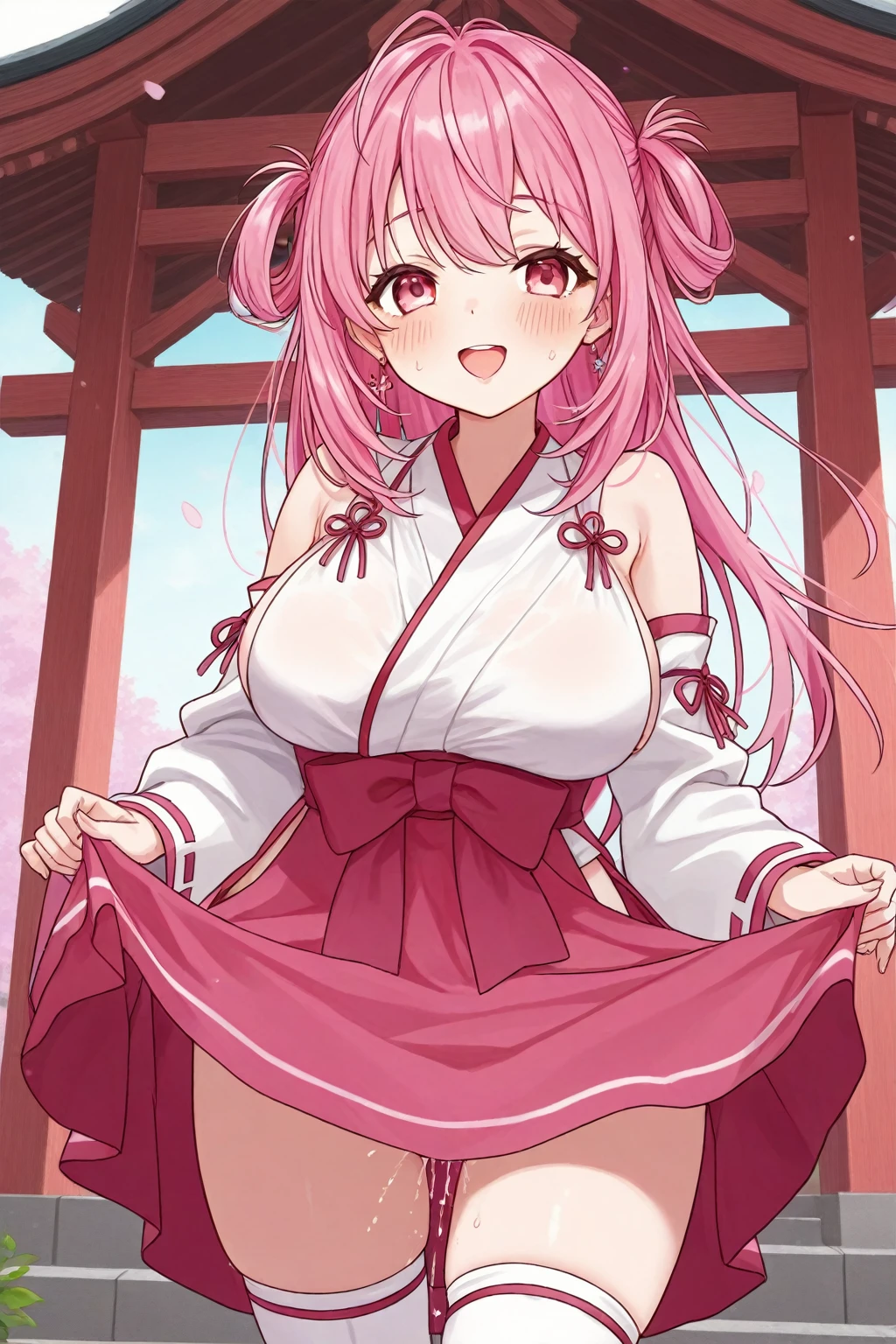 1 girl, game cg, pink kimono, side boob, kanzasi, gigantic breasts, pink hair, long hair, straight hair, ahoge, pink eyes, dynamic, shrine, smile,