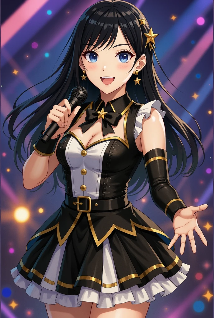 1lady,solo,idol,uniform,in stage,sing,have a mic,cute,black hair,long hair, long tongue,Sticking out your tongue and open your mouth,face focus,wink,fan service