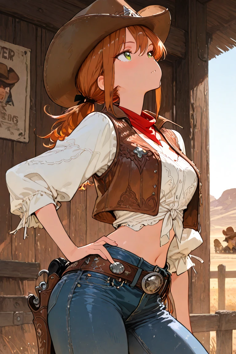 (((NSFW:1.9))),(((Nude:1.9))),score_9, score_8_superior, score_7_superior, とてもbeautiful, sauce_anime, detailed, high quality, beautiful, masterpiece, detailed eyes,Standing in front of a white wall,((Crying face:1.2)) Hat Adjustment,Redhead,ponytail,blue eyes,freckles,((Watch on wrist:1.2)),((brown gun belt:1.2)),((Cowboy hat)),((short boots)), 4K ,((膝からsuperiorのショット:1.8))