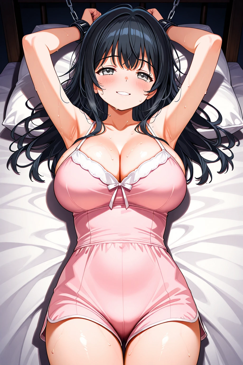 One Woman、Cute Woman、Thighs、Best image quality、High resolution、masterpiece、super high quality、Spread your legs、Cute Bra、Cute Panties、I see pink panties、Small Ass、big 、Blushing、4K quality、Blushing、Proud face、Wearing black knee socks、bed、Spread your legs wide、Panty shot、Sweaty all over、Heavy breathing、My chest is bouncing up and down、heart、A mean look、Low Angle、Zoom in on the crotch
