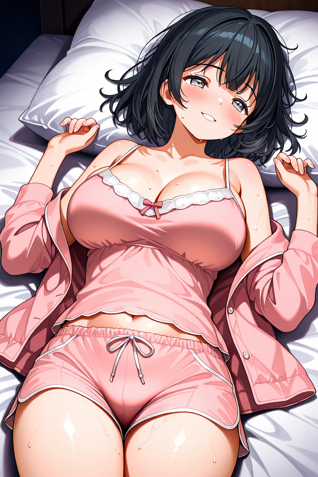 Very detailed CG Unity 8K 壁紙),(masterpiece), (Highest quality), (Very detailed), (Best illustrations),(Best Shadow)、Fucked silly after sex、Raising his leg、Blue eyes、Black short hair、Micro underwear（Underwear size 1.5）、Large Breasts、bed、Embarrassed expression、Love juice、orgasm、semen