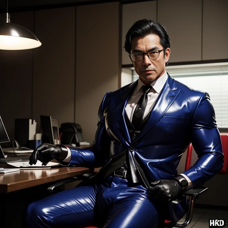 50 years old,daddy,shiny suit ,Dad sat on a chair,k hd,in the office,big muscle, gay ,black hair,asia face,masculine,strong man,the boss is,handsome,sex,leather gloves,lecherous dad,look straight ahead,dad is handsome,dad is a  men,dad very sexy
