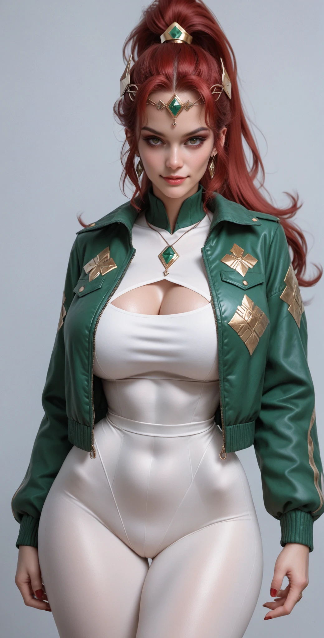  A Soviet military girl, tall, sexy, big breast, good, friendly, happy, long red hair, smooth, soft, brown eye, pink lip, she wears a metallic green top, a black patch on her chest, a yellow ribbon on her waist, and her pants, a large metallic green thigh, a sensual big yellow boot, wearing a Soviet winter cap, a black yellow glove. long