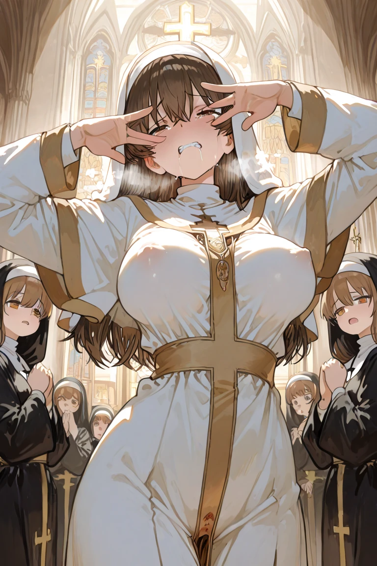 (((Mature Woman,nun))),(((men touching a woman's breasts from front))),(huge breasts),((best quality)),(orgasm:1.2,intense ecstasy),(tears),(Sweat:1.3),(open leg),((at the church:1.1)),(skirt:1.1),(button-down,woman is wearing lace),(Latex,Red,Gold clothing),(Squint eyes:1.2),(embarrassing,blush),