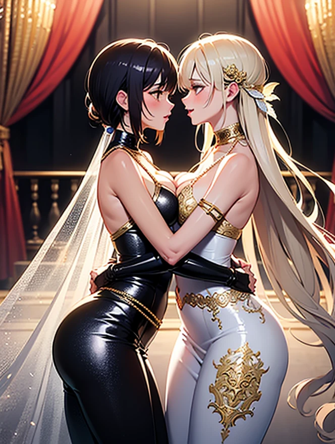 Full body portrait of two women,(A woman has a pair of real dragon horns on her head,Wearing a purple and white skirt,There are gray hairs on the first floor,Wear black high heels,White transparent stockings),(The other woman wears some kind of crown on her head,Wearing a short skirt trimmed with silver and gold,There is a gray hair on the first floor,Unlike another woman,Wear white high heels),Faceless,Tongue kisses each other,tmasterpiece,top-quality,best qualityer,offcial art,Beauty and aesthetics:1.2),Perfect fit, Best quality, Extreme refinement, Beautiful detailed eyes, Ultra-detailed, Intricate details:1.2), 8K wallpaper, elaborate features, (2girls),rays of sunshine,Wonderful figure,