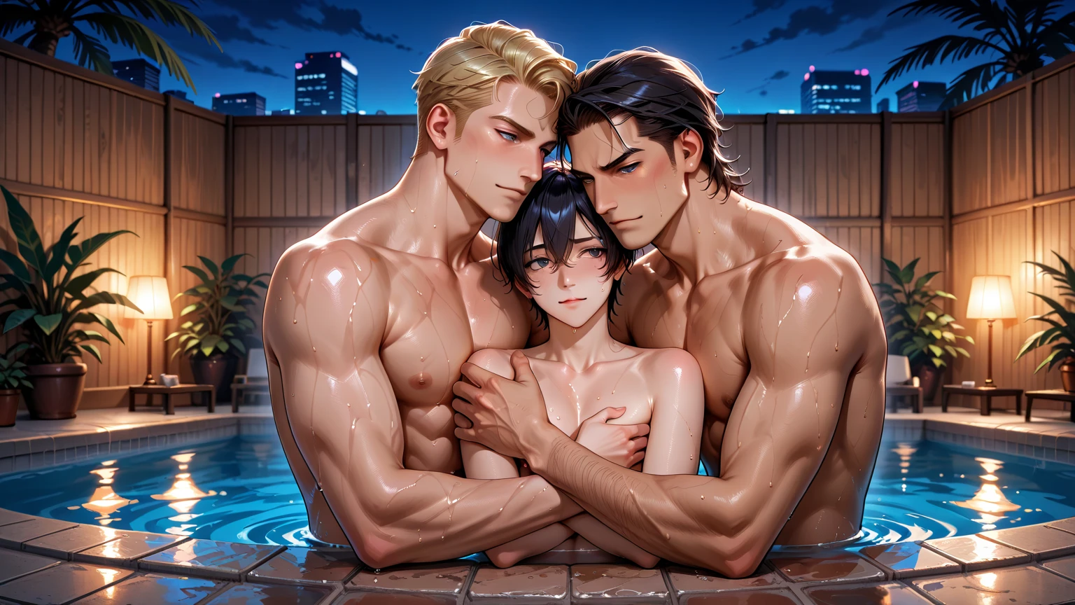 ((Highest quality)),(超High resolution),(Very detailed),(Detailed Description),((The best CG)),(masterpiece),Ultra-detailed art、(Highest quality、8k、32K、masterpiece)、(Realistic)、(Realistic:1.2)、(High resolution)、Very detailed、Very beautiful face and eyes、1 female、Tight waist、Delicate body、(Highest quality、Attention to detail、Rich skin detail)、(Highest quality、8k、Oil paints:1.2)、Very detailed、(Realistic、Realistic:1.37)、Bright colors、[WAI-ANI-NSFW-PONYXL:100],
score_9, score_8_up, score_7_up, score_6_up, score_5_up, score_4_up, masterpiece, best quality, source_アニメ, rating_explicit,against shower door, breasts on glass, breast press, against surface, on glass, soap bubbles, front view,
1girl, 1man, hetero, (anal sex:1.2), reverse suspended congress, carrying person, holding another's legs, completely nude,
BREAK
18yo, large breasts, (blonde hair:1.2), short hair, red eyes, (dark-skinned female:1.4), (gold neckless:1.5),
half-closed eyes, heavy breathing, humid, blush, open mouth, trembling, motion lines,pussy juice,
BREAK
(press against glass, against glass, whole leg pressed against glass, Pussy pressed against the glass:1.2),(ass on glass:1.2), shower, Bathroom, clear glass,