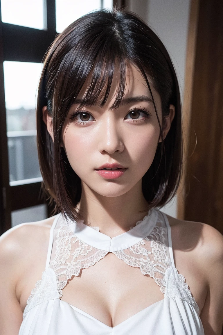 1girl, 25years old woman, cute face, Small breasts, medium breasts, large breasts, beautiful face, (perfectly detailed face), ((looking at viewer)), Simple Background, ((white background)), ((white wallpaper)), White skin, (bright lighting:1.2), perfect lighting, photorealistic, (bokeh), UHD, anatomically correct, highres