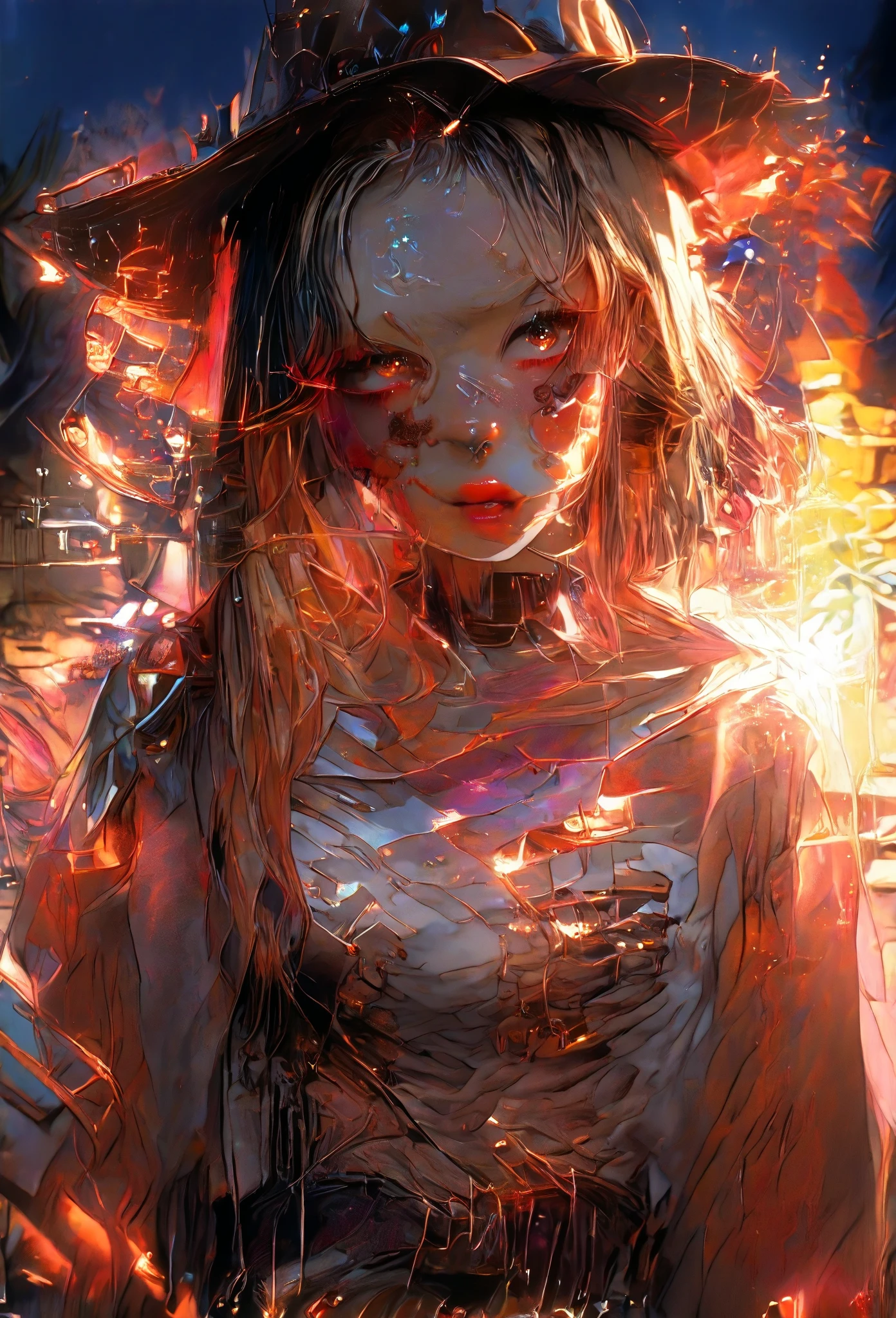 bloody creepy anime girl painting, an abstract sculpture by Sidney Nolan , [:anime line art:0.2], Plasma and Elemental themed, epic splash art , pointillism, , abstract
