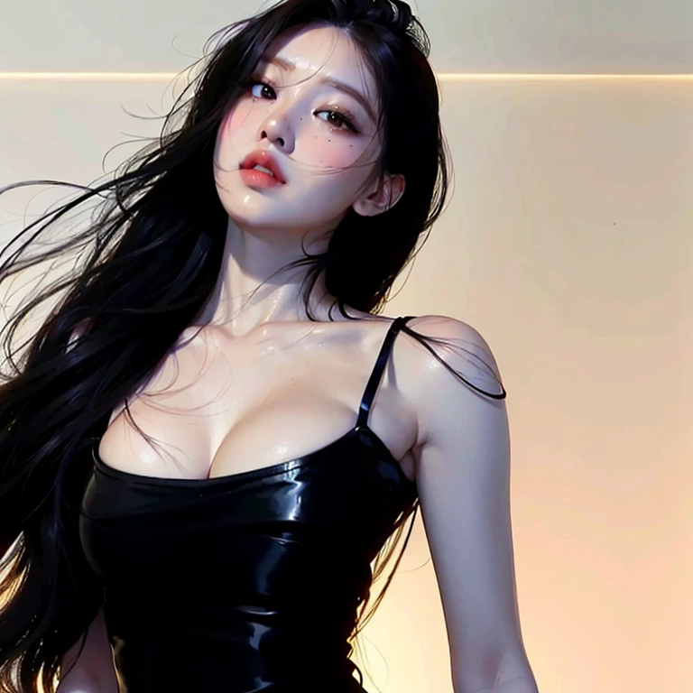 best quality, (masterpiece), (detailed), perfect adore face, portrait of 1 young Chinese girl, plump body, silky long hair, mad max , hyper-realistic photo, post-apocalyptic, sweats on body skins, dim light, (huge breast, bare shoulders, ample cleavage), on metal music concert stage