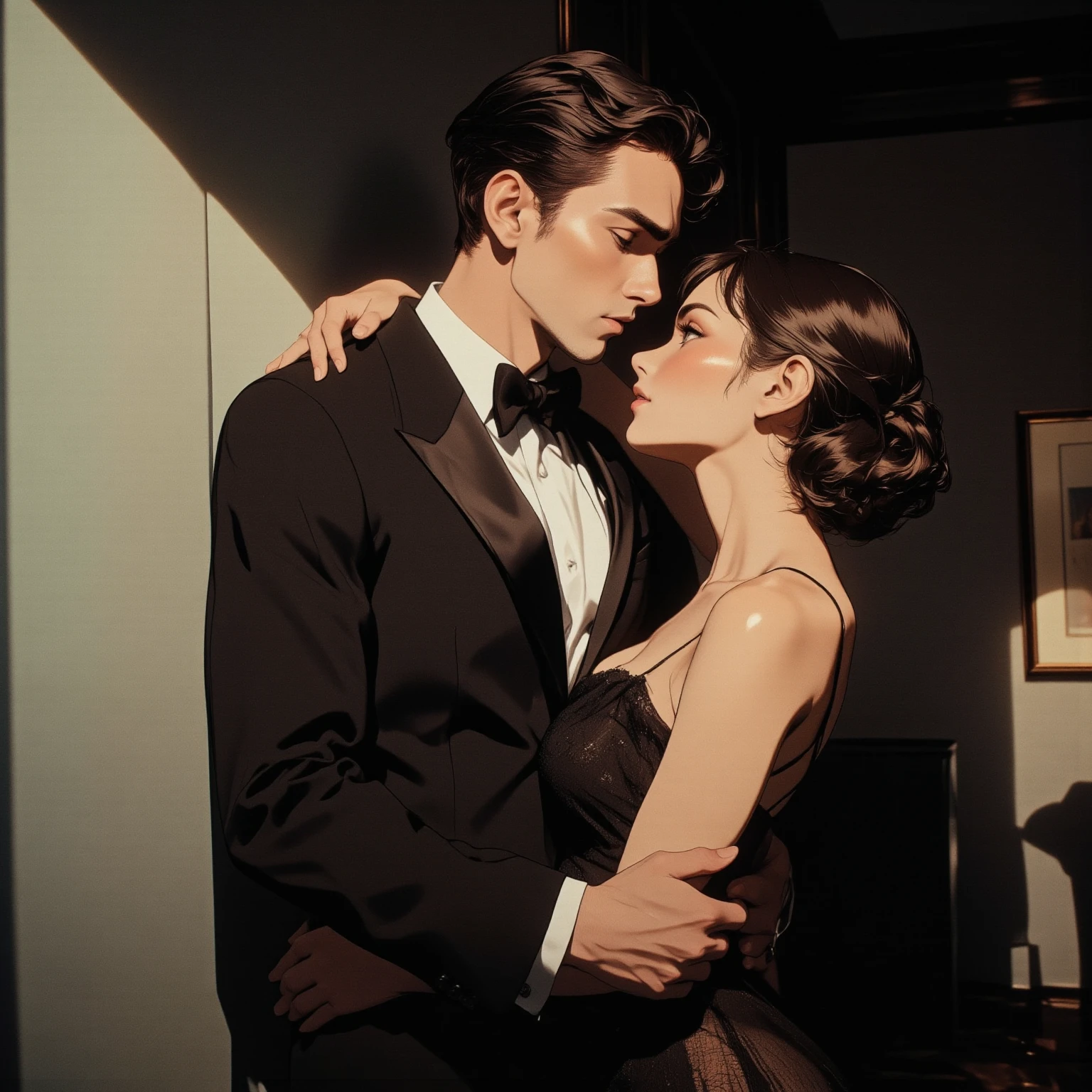 (anime style, high detail, romantic and sensual, couple dancing closely, minimal clothing, intimate gaze, softly lit ballroom, soft porn)