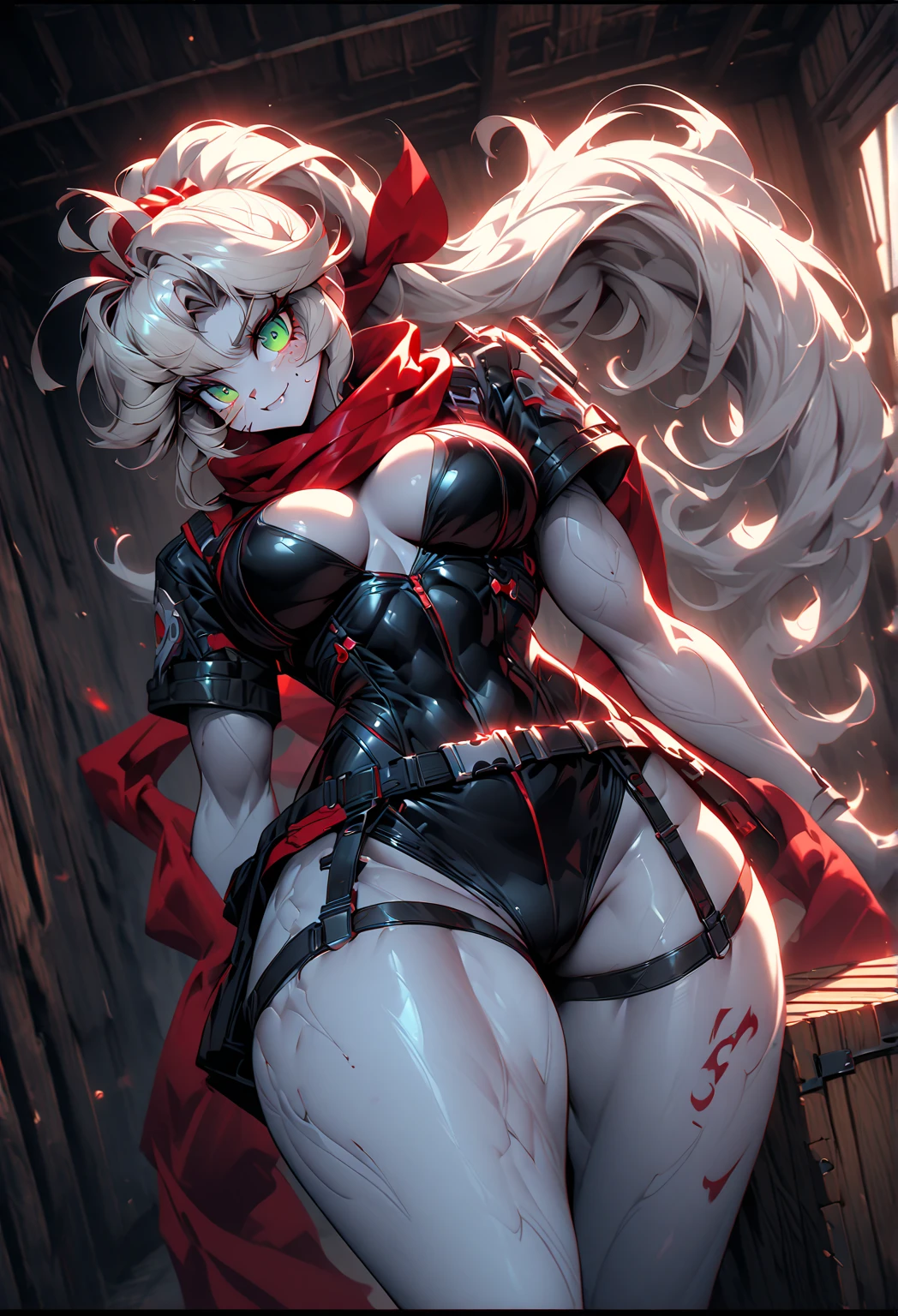 Beautiful images,Detailed Images,Official image,A woman wielding a Japanese sword,Blonde,Red Eyes,Ponytail Hair,Model body type,(Dark Skin:1.3),Elf Ears,Large Breasts,(Black sneak costume,Black bodysuit,Jet Black Cloak:1.3),