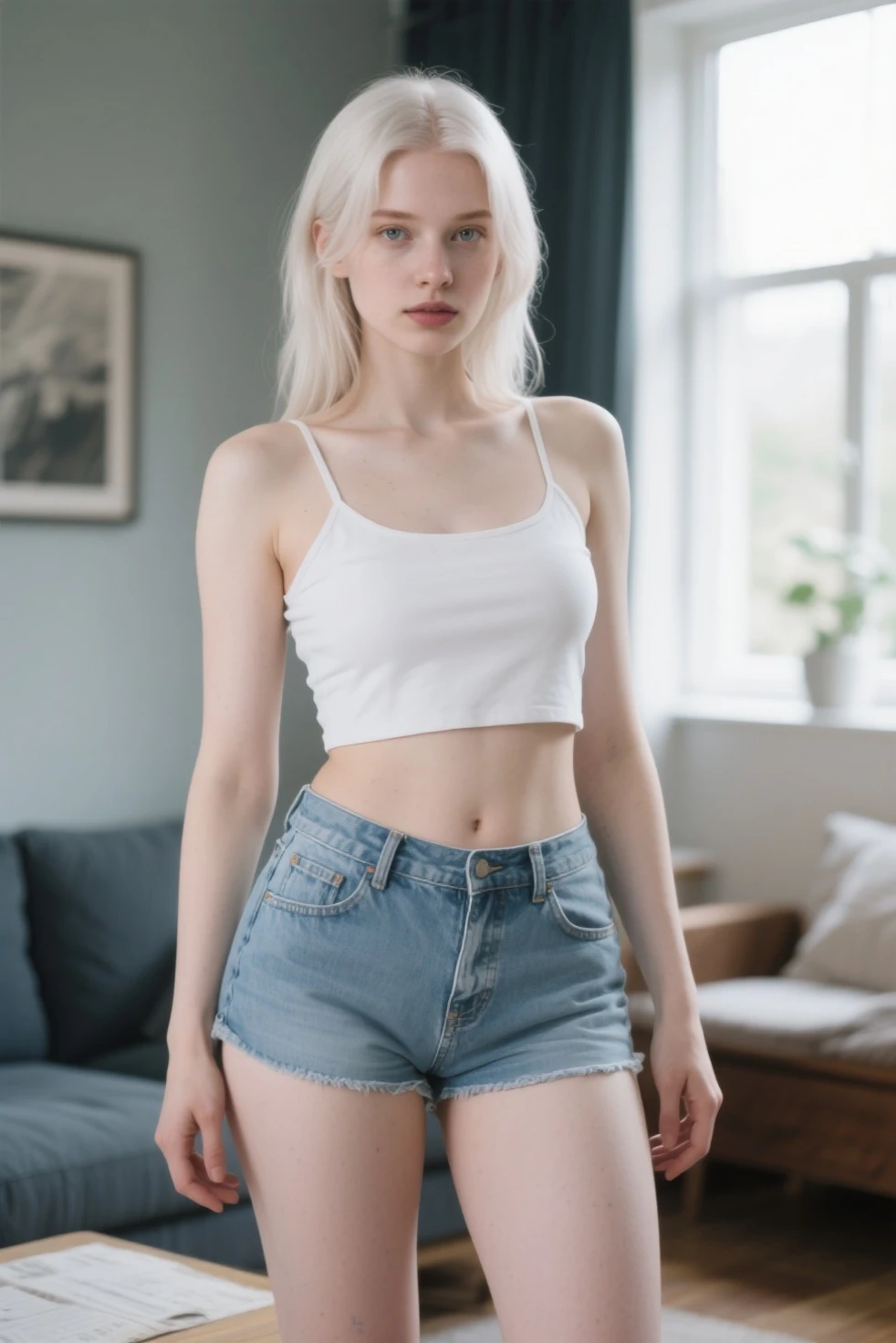 ultra realistic nikon z7 photography, beautiful 18 years old girl with pretty face, ((pure blonde long curly hair)) and few freckles on her face with beautiful blue eyes, ((super skinny slim body)), ((focus on body)), white wall background ((completely naked wearing just short tight cut out jean shorts and white crop top)) ((sitting, side angle))