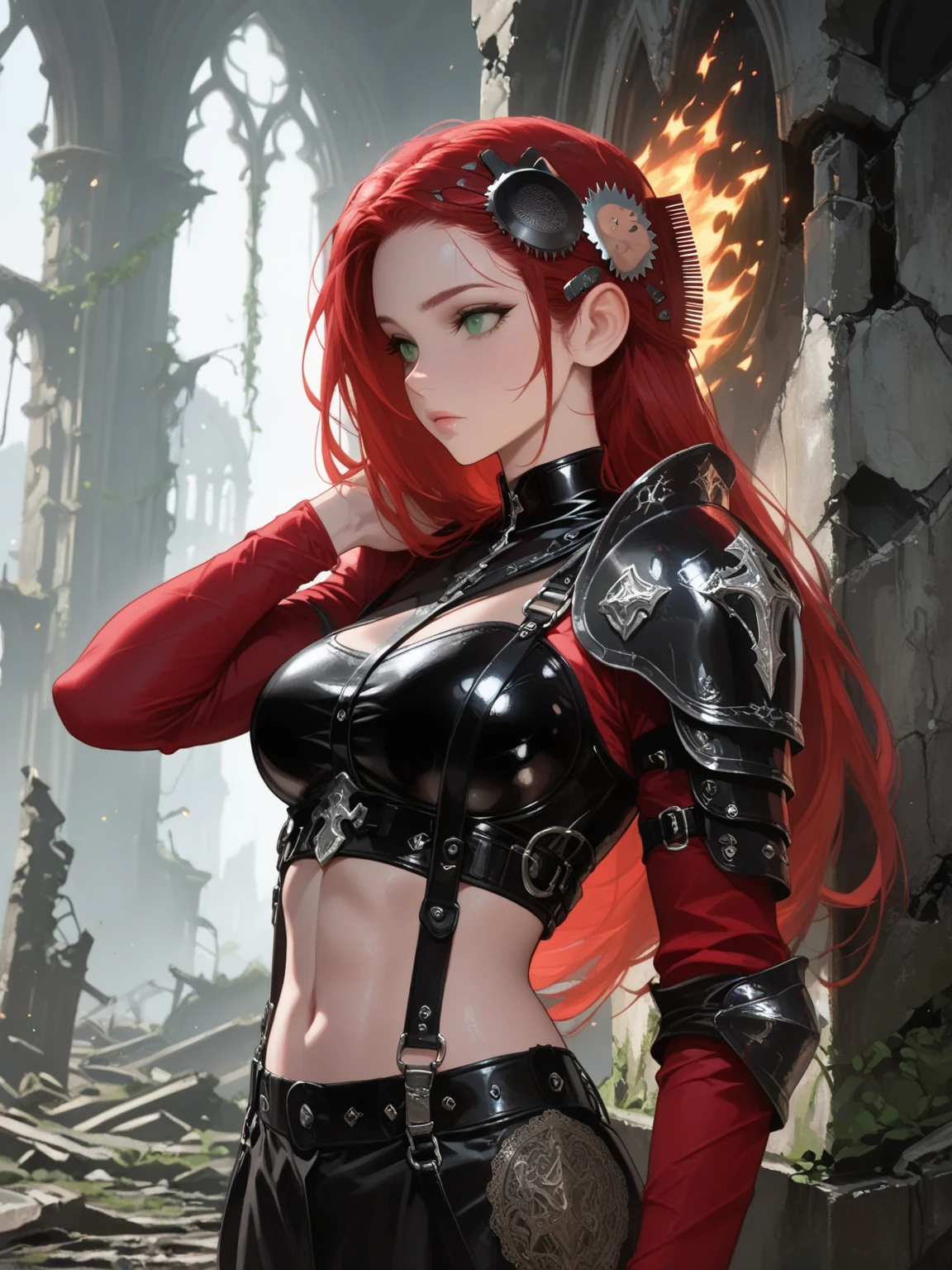 anime girl with red hair,and a sexy body armor