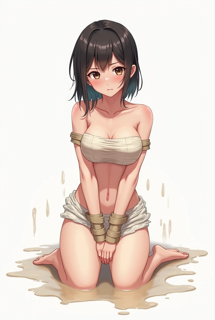 ((masterpiece,Highest quality;1.3,best illustration)),nsfw,rape,cowboy shot,1woman、独奏,30 year old beauty,((very small head:1.3)),black hair,(low ponytail),long hair,bangs,black eyes,gorgeous eyes,blush,Pain,tears,medium breasts,(very long body:1.3),((toned body,slender body,skinny)),gleaming skin,shiny skin,oily skin,sweat,((Injury:1.4,busted breasts:1.3)),Black micro bikini,kneeling,arms up,A dark prison、Concrete wall、Dimly lit room、medieval Japan、