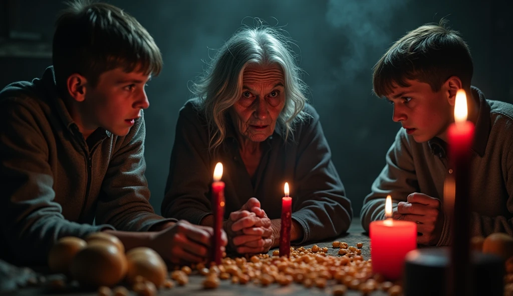 25 year old woman doing witchcraft for her evil old mother who is in a wheelchair, candles, dark, skull, blood, scary dark