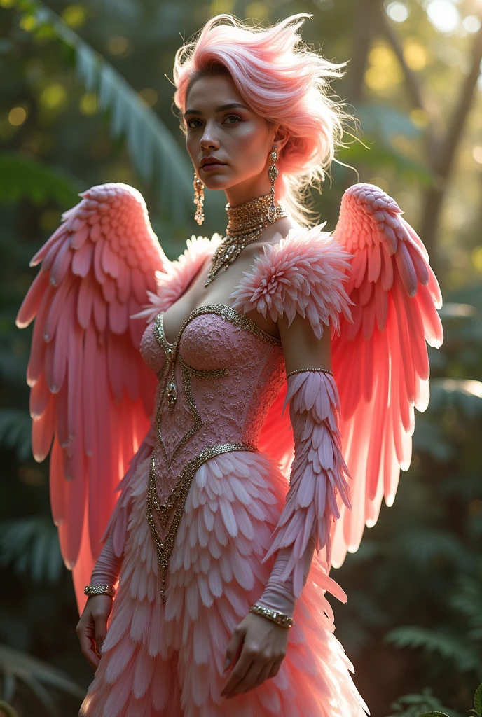 Pink vulture, with long, shiny hair, blue colored eyes, bird, human body, female vulture, straight blonde hair