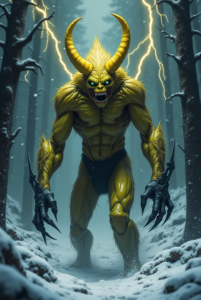 one person&#39;s,anime,It has large horns on its head,There are large corners on the left and right,Angry, Resembles a powerful monkey,Open your mouth,Has fangs in its mouth,  He is muscular,Dark Skin, A body covered in golden fur, With a wild mane, Golden hair and fierce, A look of determination,  The background is foggy and atmospheric., Clouds and smoke swirling, Give the scene a mystical feel, Otherworldly feeling. Your color palette should include dark and muted tones,