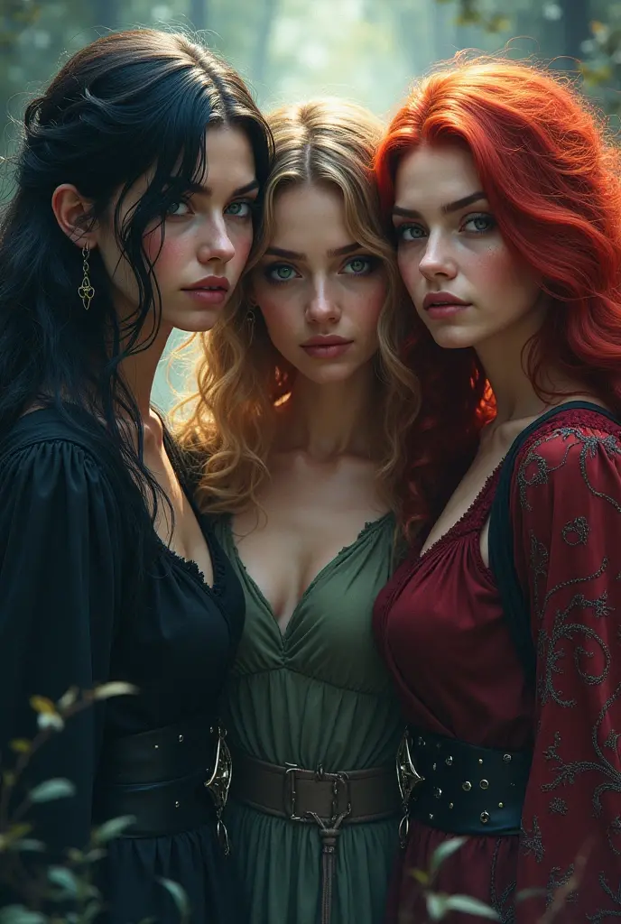 Beautiful vampire mother sitting in the middle of the bed in an 18th century room with two GIRLS with long red hair, one with long white hair, one with short black hair
