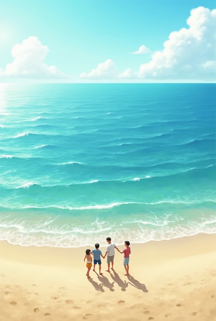 background、An illustration、banner、summer、sun、Ocean、Oceanで浮き輪で浮かんでいる日本人女性、child、Couple in their 20s、Watercolor style、Leave the middle empty。