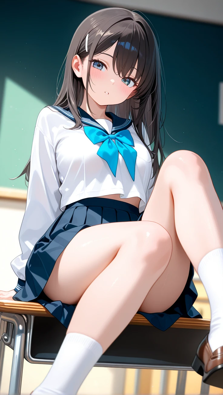 nsfw,alone, (One girl), Elementary school girl,8-year-old, ((White panties)), (wearing only the top half of sailor school uniform), Sailor with un-folded hems, sexy, (Cowboy Shot), ((Put your arms behind your head)), classroom, With a girl:Her hair is long and black, Her face is round and cute, Black Hair, Low twin tails,,Shy, Embarrassing,(pussy cameltoe:1.0),Sit on a chair、Spread your legs、M-shaped legs、Wet,
