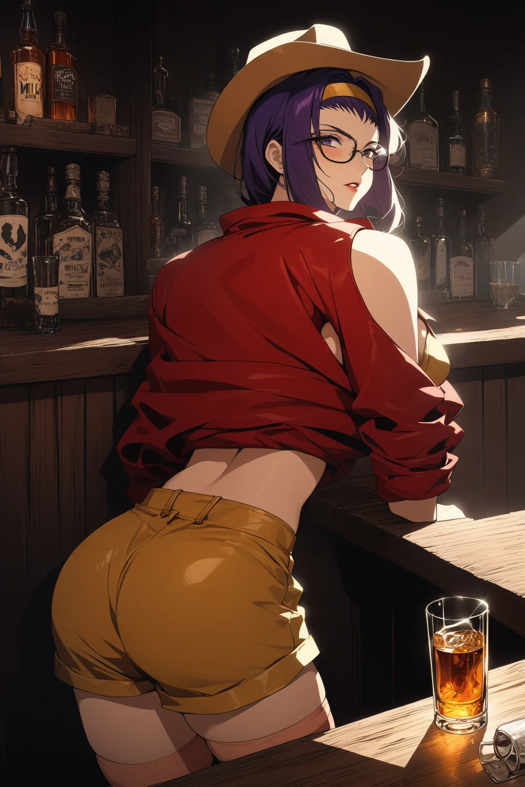 Cute sexy awkward woman with thick long messy curly green hair with glasses with tattoo blushing with bright earrings with thick thighs and big chest in sexy position in leggings an a jacket in a bar at night with dropped jaw with butt out winking acting shy and embarrassed blushing uncontrollably