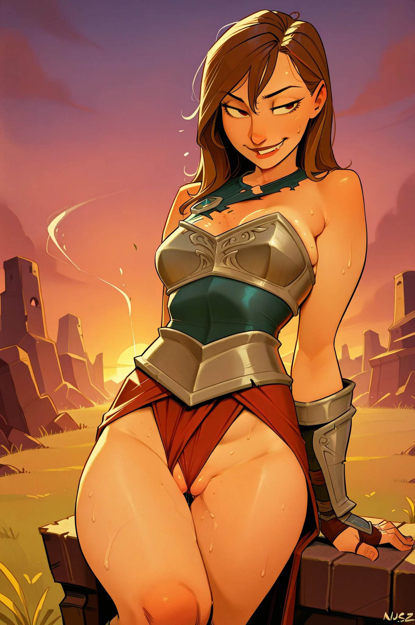 STICKER, (solid outline:1.2), (NSFW:1.2), Sunset Shimmer kneeling down wearing a red skirt with red shoes and black gloves on her hands, red heels, red thong, big bare breasts, black jacket open, breasts exposed, full body portrait, cowboy shot, full-length, Sunset Shimmer aged 25, erect nipples, symmetrical breasts, bare breasts, big breasts, shoes visible, black gloves, detailed anime eyes, adesivo, fundo simples, full portrait, long wavy red and yellow hair, beautiful sunset shimmer girl, pony aesthetic, beautiful girl, very beautiful fantasy art, beautiful and elegant female pony girl, beautiful detailed fantasy, red and yellow colour palate, red and yellow colour-theme, vintage t-shirt design, in the style of hand drawing, 3D vector art, fantasy art, watercolour effect, Adobe Illustrator, hand-drawn, digital painting, low-poly, soft lighting, isometric style, retro aesthetic, focused on the character, 4K resolution,