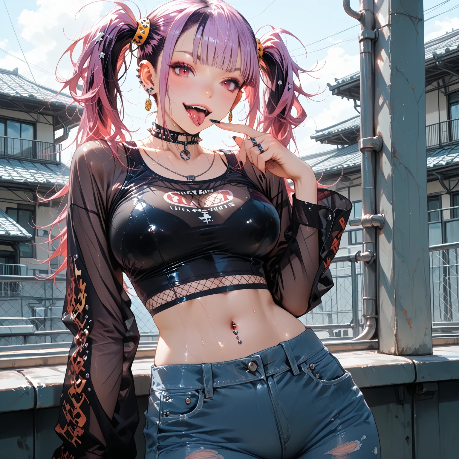 最high quality、best image quality、masterpiece、girl((20-year-old、 By becoming、vest bust、medium bust,wide open breast tea、shining eyes, neon hair、long hair、thin,highest valley、Damaged Denim Shorts、black navel shirt、Damaged Denim Jacket、smile、full body tattoo,diamond earrings、Wristband、necklace、I have headphones、leaning forward、elation、have a controller、lean against the wall)),high quality、beautiful art、background((game room、red lighting、green lighting、virtual))、Flight、debris flies、Depth of written boundary、movie、visual art、perfect art、8k,genuine、