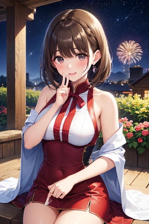((One personの女性)), Beautiful Face,Laugh shyly,((Wink:1.9)),Laugh with your mouth wide open((Bright red cheeks:1.4)),Shiny red lips,night,rooftop,Festive decorations,You can see the ocean, firework,Laughing with your mouth open,Glossy pink lips,Facial Lighting,((Anime style background)),masterpiece, Highest quality, so beautiful,Latest, Complex details, (Pink long nails),(ring),(bracelet),(choker),AI-generated, Complex,High resolution, Highest quality, super high quality,3D Images、3D Images,One person,Long white hair,High Ponytail,(White eyes),Anime woman posing for a photo, ((fine grain、Silver-white colorful eyes、Shining Eyes:1.4)),(Squint your eyes:1.1),a hyperRealistic , hyperRealistic , Realistic,Long white hairのアニメ女性, Smooth anime CG art, A woman in a colorful kimono with gold embroidery, (black furisode),Red floral pattern,Long flower hair ornament,big floral earrings,Mature Body,(Big Breasts:1.1),expensive,Abdominal muscles,Tight waist,(Zoom up to face:1.7),Shooting from diagonally below