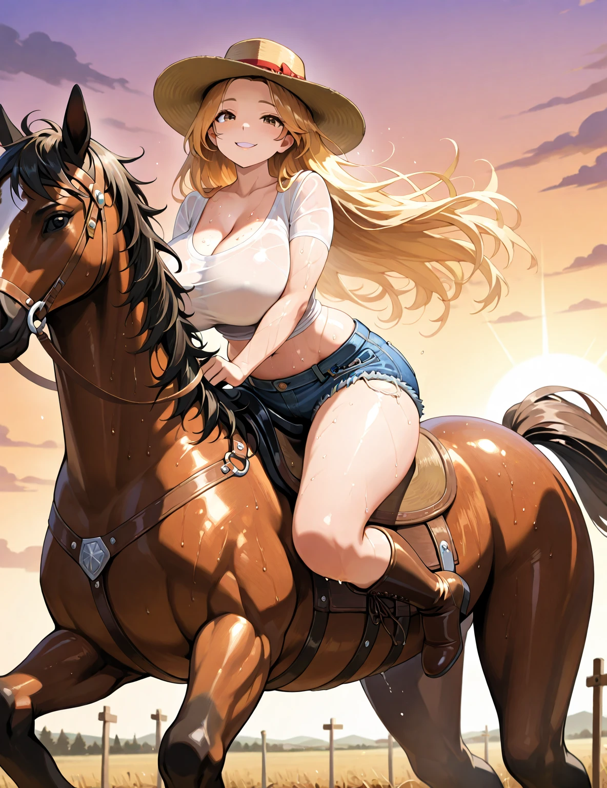 ((best quality)), ((anime masterpiece)), (high detailed), 8k, cinematic lighting, perfect face, large breast, cleavage, female dancer riding a HORSE, (white dancer outfit, belly button, bare legs, barefoot),
(white horse, saddle, reins, bridle, stirups), solo, both hand holding rein, fantasy setting, on the desert, ((from side: 1.5)), anatomically correct