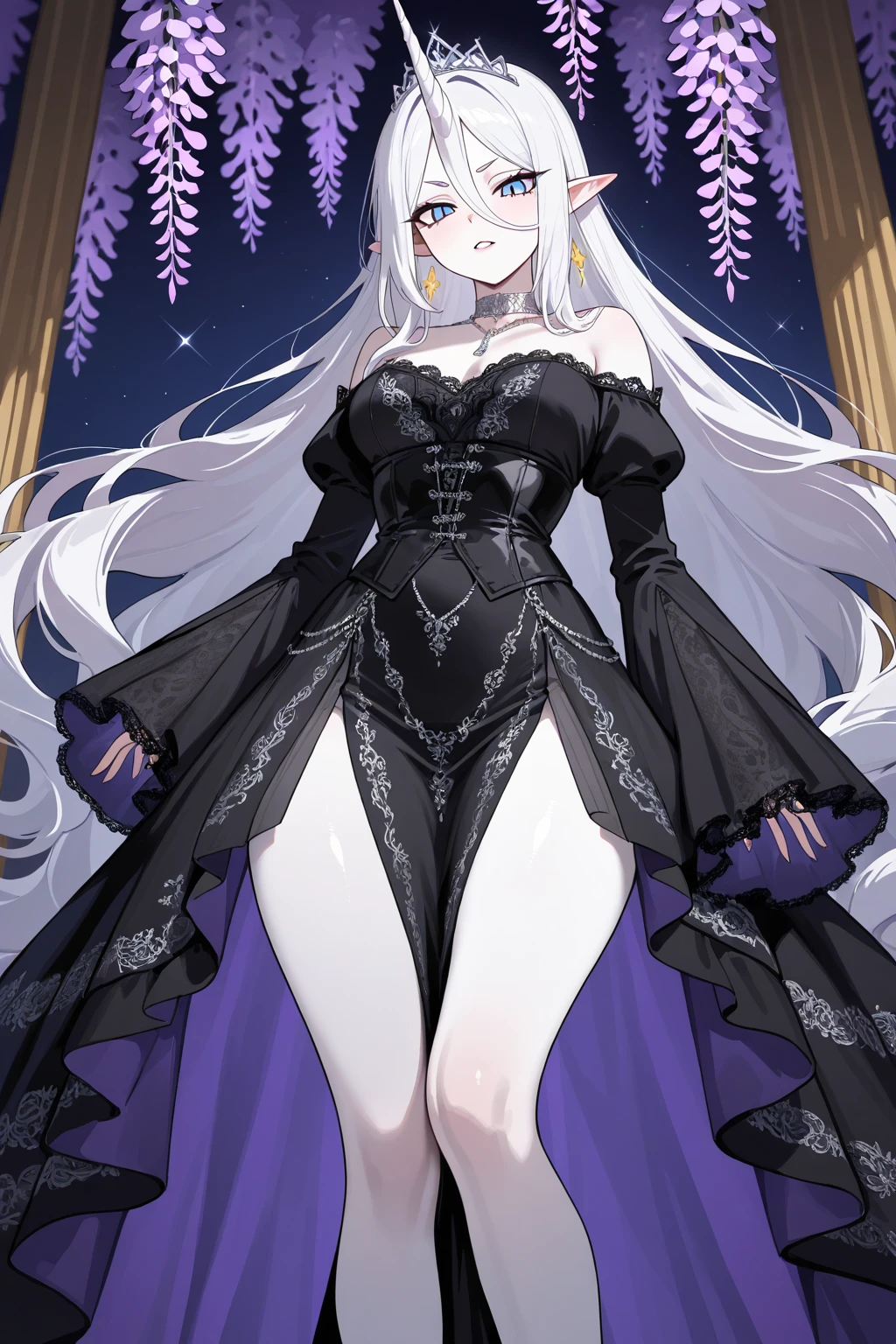 (masterpiece, reflections, atmospheric lighting, dynamic lighting), best quality, 1girl, perfect figure, perfect body, perfect face, black hair, long luscious curly hair, purple eyes, glowing void eyes, delicate fingers, blushing, shy, embarrassed, lewd, open mouth, black crown, jewel crown, black dress, strapless dress, slit leg dress, wedding dress, evening dress, lingerie dress, black high heels