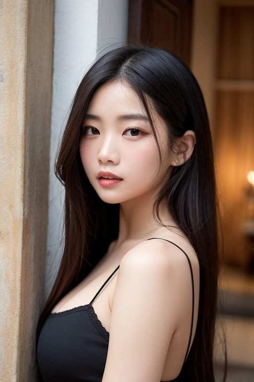close-up of beautiful korean female, 34 inch breasts size, slicked hair back, wearing tank top, in the alley , night, bokeh background, UHD